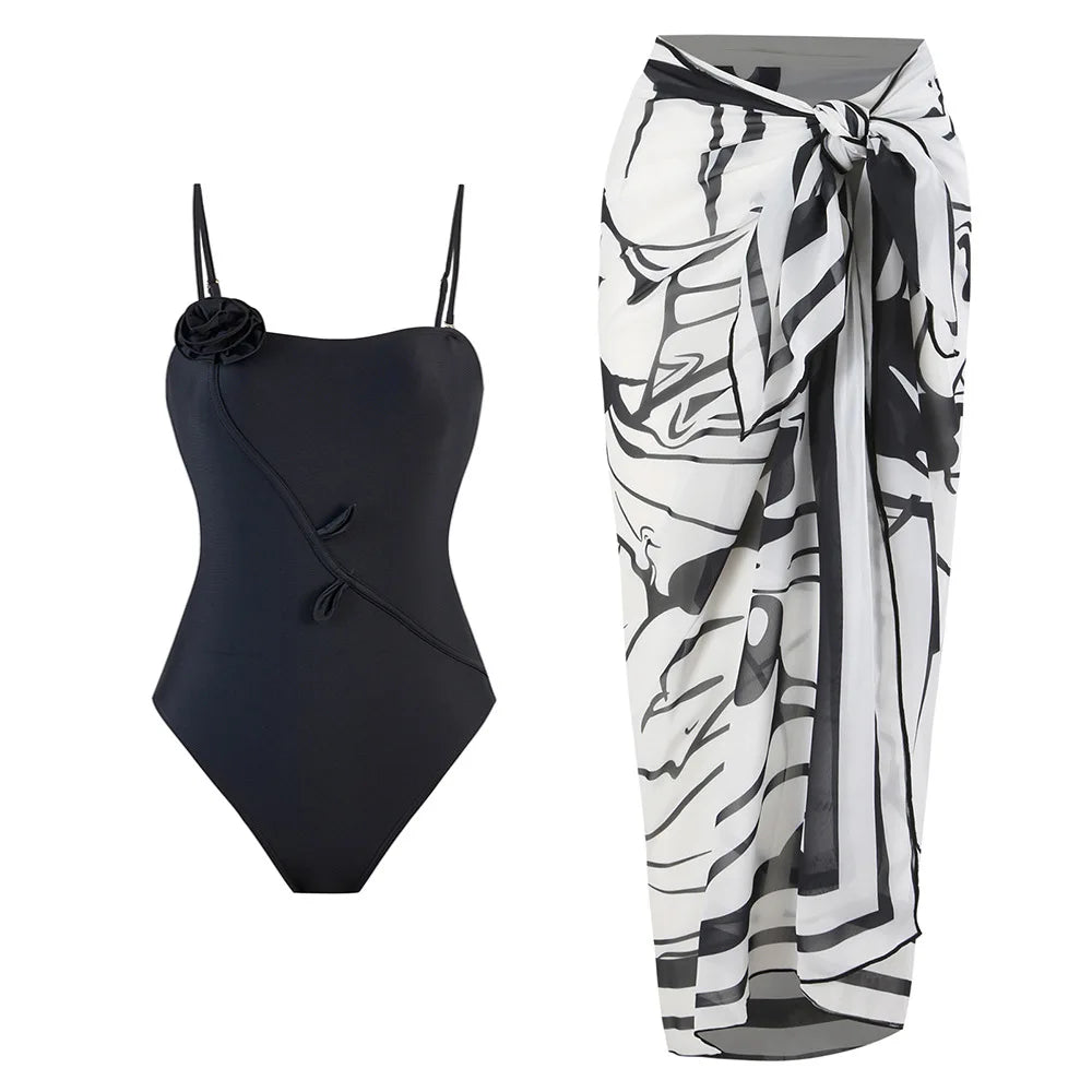 High Quality Swimwear Fabric Women Print Sarong Swimsuit Beach Coverup Wrap Skirt Pareo 2Pcs Bikini Set Custom Logo Bathing Suit