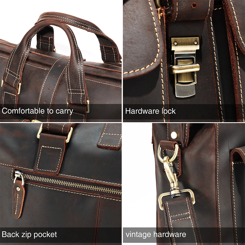 Large Capacity Men's Genuine Crazy Horse Leather Retro Business Briefcase Bag Single Shoulder Handbag for Travel