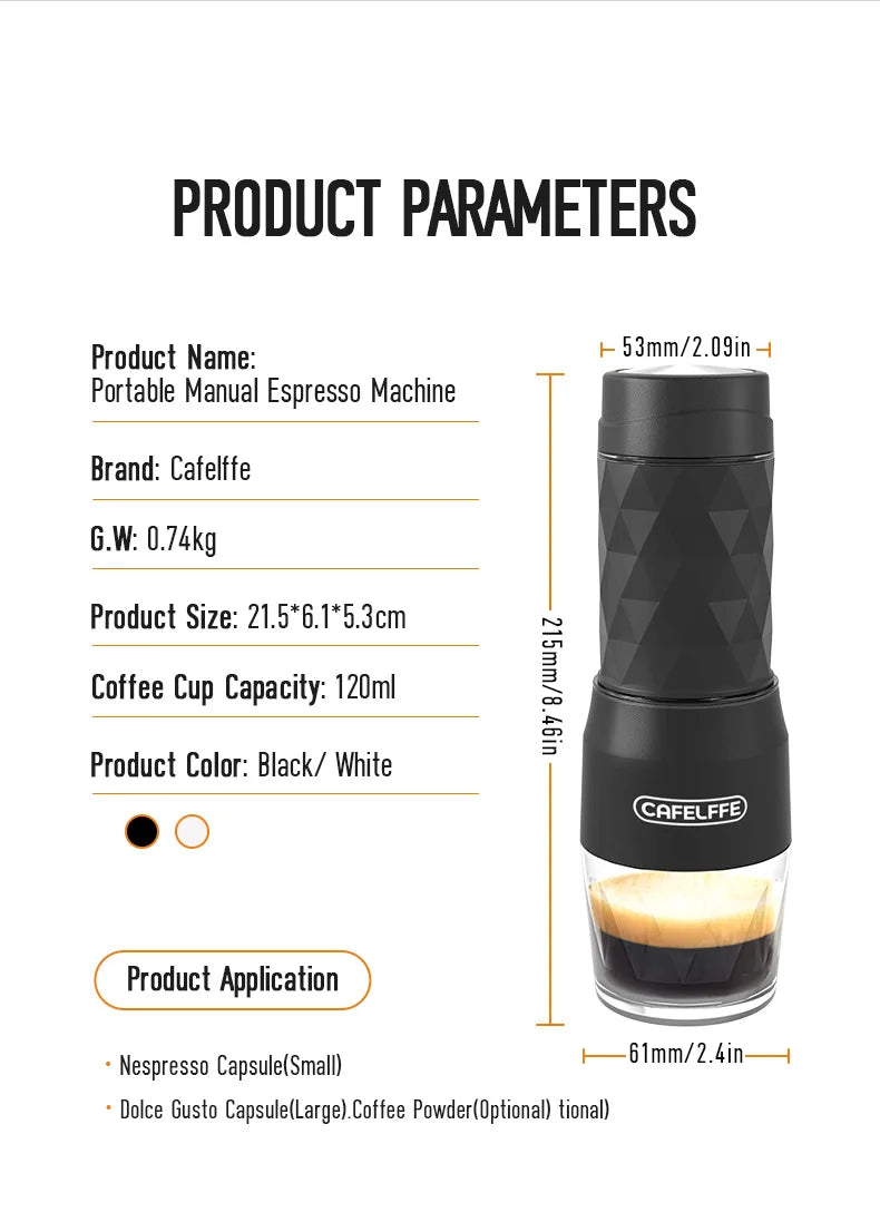 Cafelffe 3 In1 Portable Coffee Machine Hot/Cold Water Manual Espresso Maker for Capsule & Ground Hand Press Brewer Hiking Travel