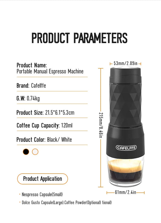 Cafelffe 3 In1 Portable Coffee Machine Hot/Cold Water Manual Espresso Maker for Capsule & Ground Hand Press Brewer Hiking Travel