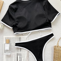 Hot Sexy Micro Girl Two Piece Racing Bikini Crop Top Competition Swimwear Short Sleeve Suit