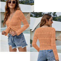 2023 Sexy Women's Long Sleeve Hollow Cutout Knit Blouse V-Neck Drawstring Beach Sunscreen Short Pullover Thin Casual Sweater