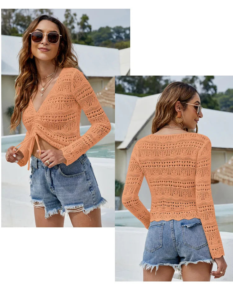 2023 Sexy Women's Long Sleeve Hollow Cutout Knit Blouse V-Neck Drawstring Beach Sunscreen Short Pullover Thin Casual Sweater