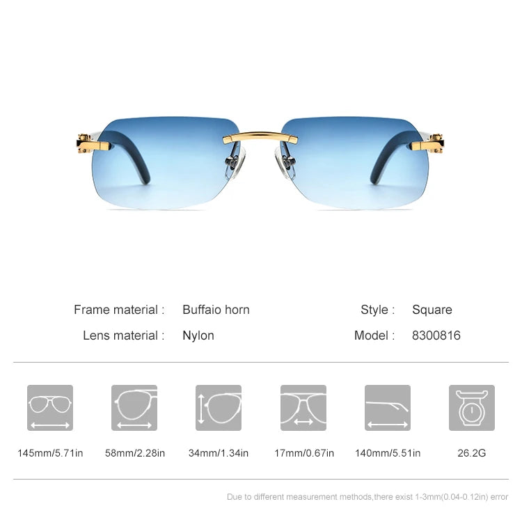 Borregls Buffalo Horn Sunglasses Men Luxury Brand Designer Eyewear Women Nylon Lens Rimless Square Buffs Eyeglasses 8300816