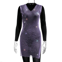 2022 Fishnet Dress V-neck Rose Red Rhinestone Bikini Bling Diamond Party Women Dresses
