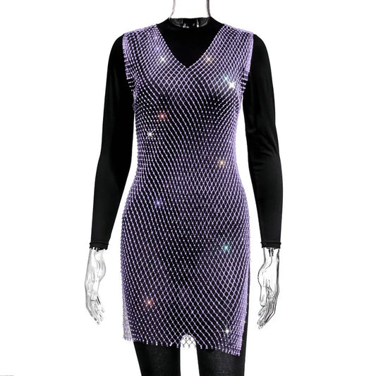 2022 Fishnet Dress V-neck Rose Red Rhinestone Bikini Bling Diamond Party Women Dresses