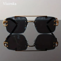 New -Bridge Rimless Square Sunglasses, Featuring Trendy Leopard Print and Wood Grain Design for Men and Women, Perfect for