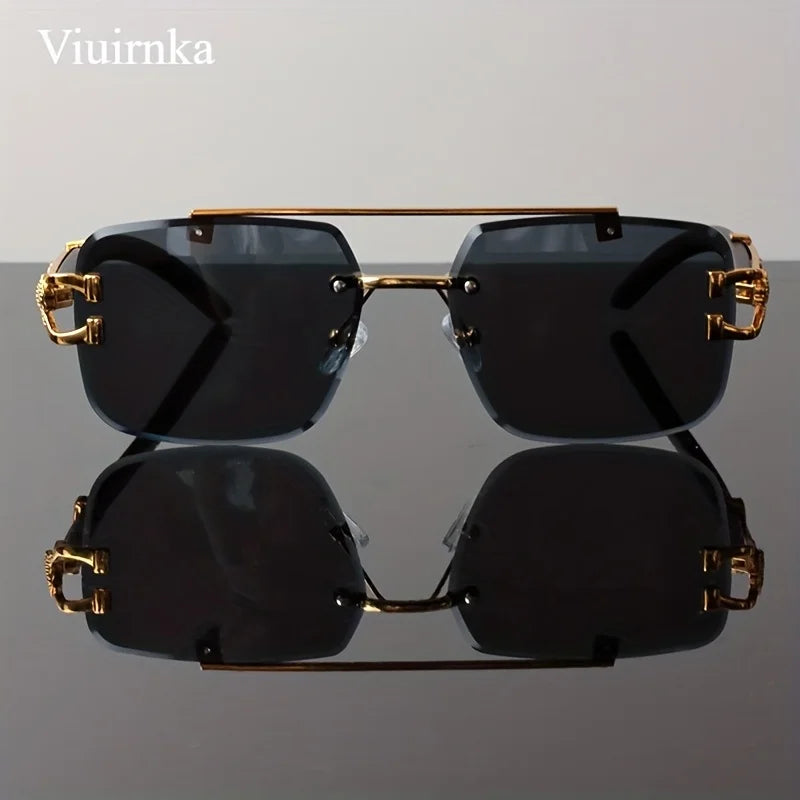New -Bridge Rimless Square Sunglasses, Featuring Trendy Leopard Print and Wood Grain Design for Men and Women, Perfect for