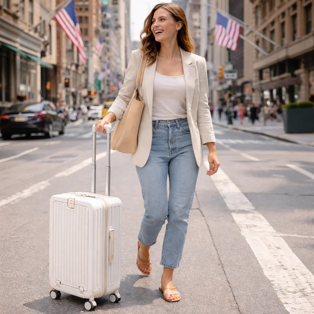 US Warehouse 20 Inches Hard Shell Trolley Suitcase Luggage Waterproof Lightweight Front Open Travel PC Luggage with Cup Holder