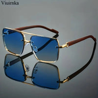 UV400 Unisex Square Men'S Sunglasses With Case -Unique Double Bridge Retro Wood Grain Luxury Style for Daily Wear Driving Travel