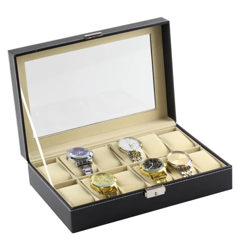 Customized Logo 12 Slots Glass Window PU Leather Watch Case Luxury Display Jewelry Box Travel-friendly Gift Box for Watches