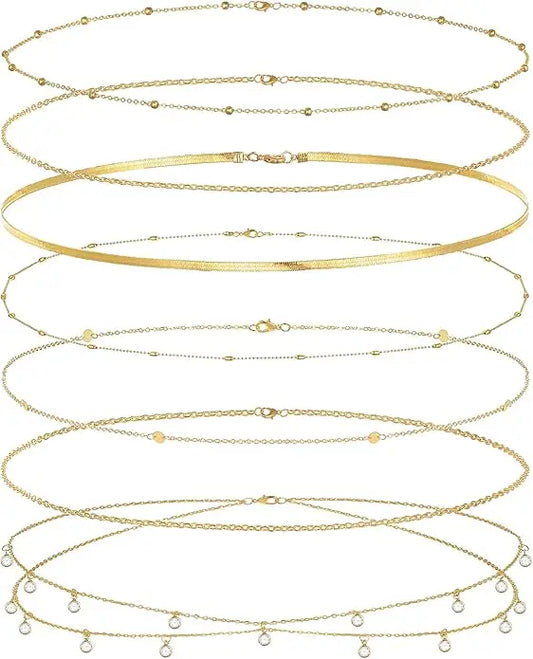 8Pcs Waist Chain 18K Gold Plated Belly Belt Chains Sexy Bikini Beaded Sequin CZ Coin Body Chain Jewelry Accessories Adjustable