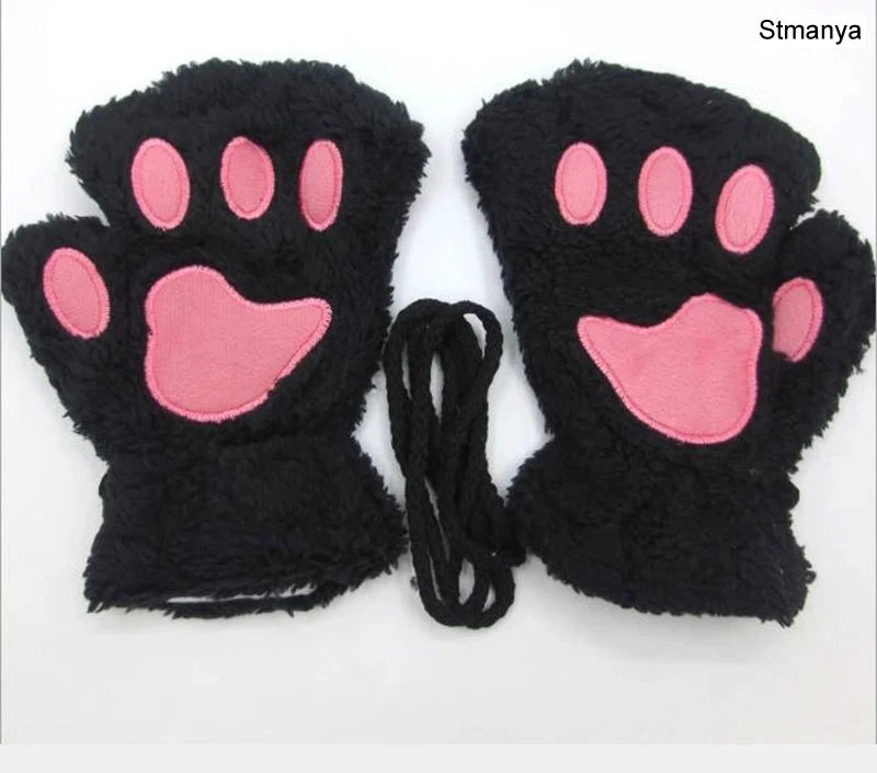 New Women Cute Cat Claw Paw Plush Mittens Warm Soft Plush Short Fingerless Fluffy Bear Cat Gloves Costume Half Finger Party Gift - MANDOTOS