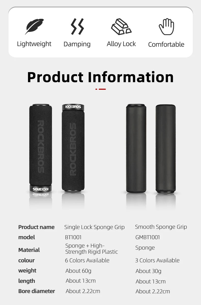 ROCKBROS Cycling Grips Anti-skid Shockproof Silicone Sponge Handlebar Grips MTB Road Bike Grips Ultraight Cycling Handlebars