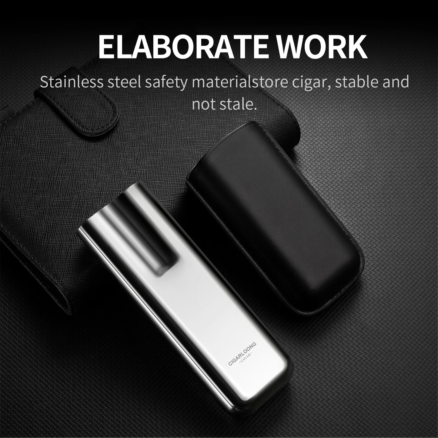 Cigarloong Portable Stainless Steel Cigar Case Anti-pressure Travel Leather Cigar Humidor Box