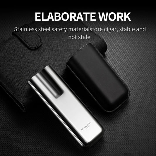 Cigarloong Portable Stainless Steel Cigar Case Anti-pressure Travel Leather Cigar Humidor Box