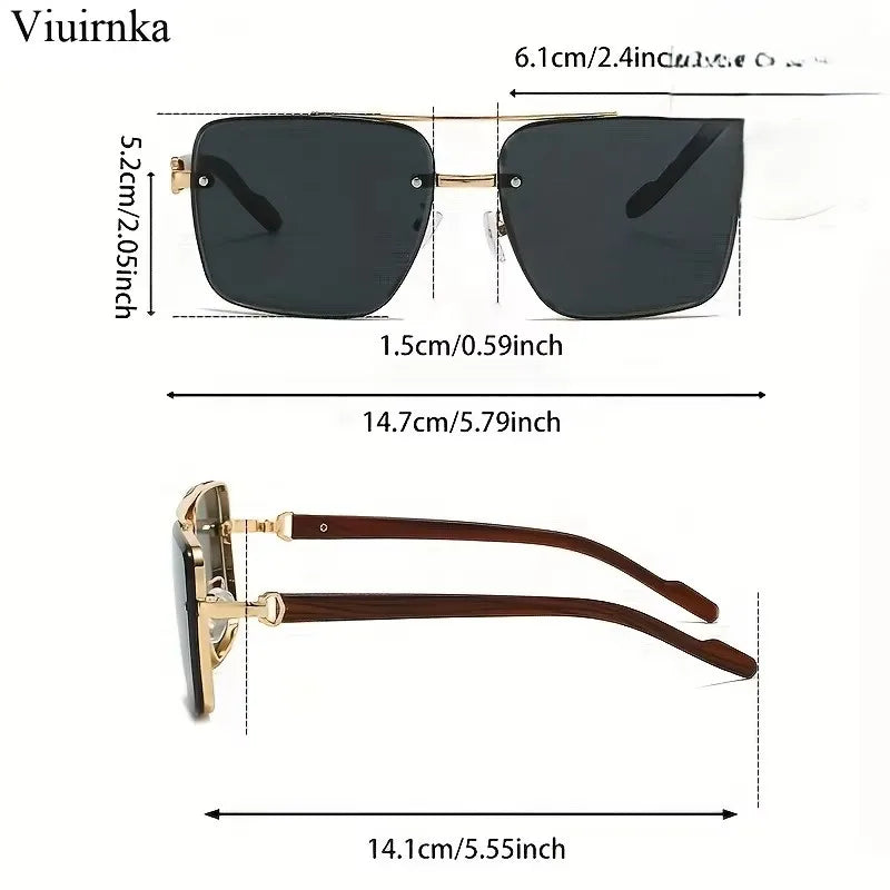 UV400 Unisex Square Men'S Sunglasses With Case -Unique Double Bridge Retro Wood Grain Luxury Style for Daily Wear Driving Travel