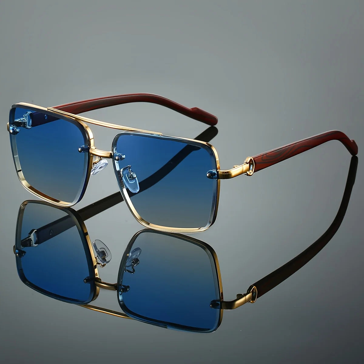 UV400 Unisex Square Men'S Sunglasses With Case -Unique Double Bridge Retro Wood Grain Luxury Style for Daily Wear Driving Travel