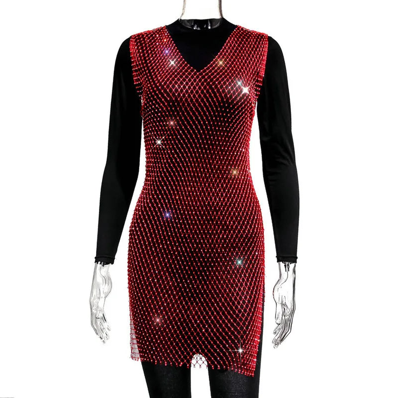2022 Fishnet Dress V-neck Rose Red Rhinestone Bikini Bling Diamond Party Women Dresses
