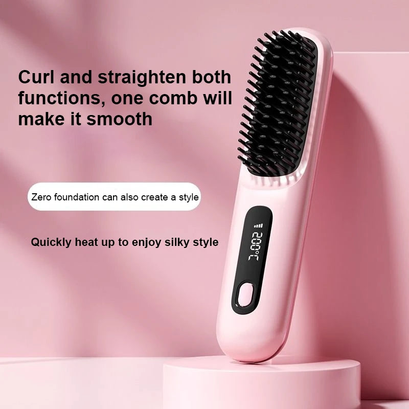 Cordless Portable Mini Hair Straightener - USB Rechargeable Hot Comb and Styling Brush for Travel