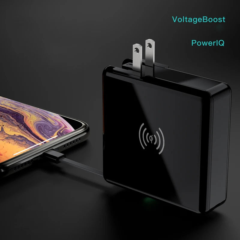 New KP-Super6 Travel  Wireless Charger Power Bank PD 10000mah CE ROHS FCC USB C AC Plug 8000mah Portable Charger Built-in Cable