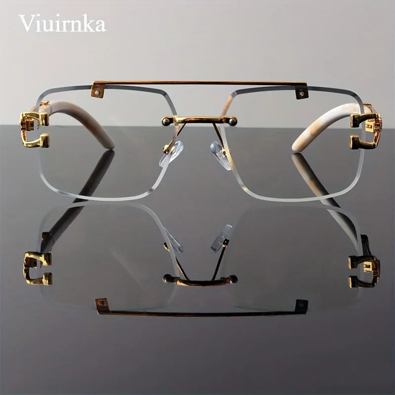 New -Bridge Rimless Square Sunglasses, Featuring Trendy Leopard Print and Wood Grain Design for Men and Women, Perfect for