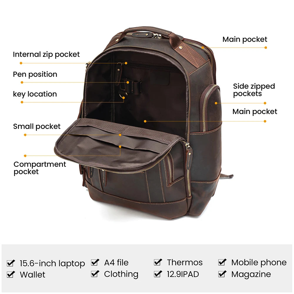Hot Large Vintage Leather Men's Backpack Multifunction Fashion Daypack for School and Travel Neutral Style