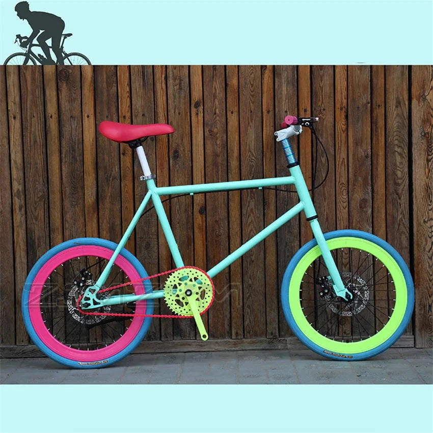 20 Inch Bike Single Speed Fixie Bike Double Dsic Brake Bicycle Freewheel Frame Mini Bicycle Height Adjustable 75-90cm MANDOTOS