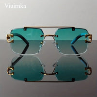 New -Bridge Rimless Square Sunglasses, Featuring Trendy Leopard Print and Wood Grain Design for Men and Women, Perfect for
