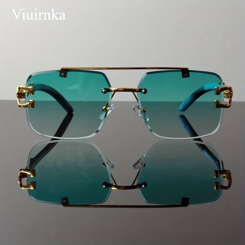 New -Bridge Rimless Square Sunglasses, Featuring Trendy Leopard Print and Wood Grain Design for Men and Women, Perfect for