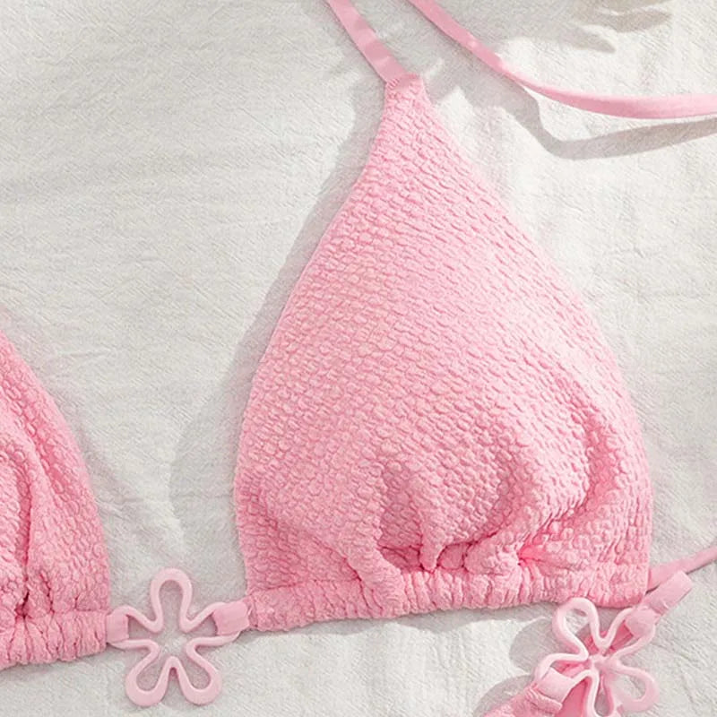 Same-day Shipping Custom Sexy Solid Flower Special Fabric Push up Wrinkle Triangle Two Piece Bikini Women Halter Belt Swimwear