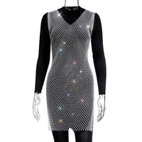 2022 Fishnet Dress V-neck Rose Red Rhinestone Bikini Bling Diamond Party Women Dresses