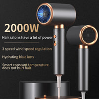 High-Power Black Gold Hair Dryer Blue Ion Technology High-Speed Nozzle Diffuser Hot Heat Settings for Home Travel RV Salon Use