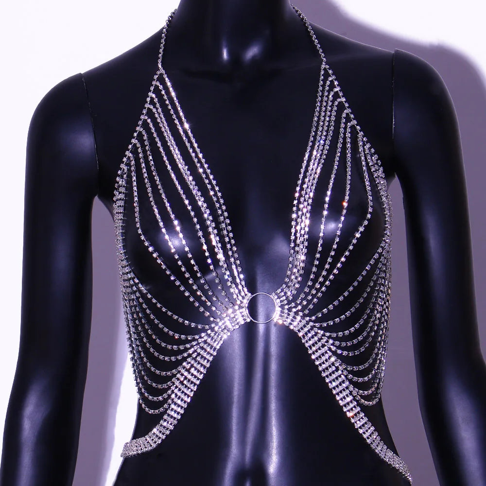 Geometric Bikini Chest Chain with Crystal and Rhinestone Accents - MANDOTOS INTERNATIONAL