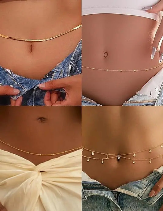 8Pcs Waist Chain 18K Gold Plated Belly Belt Chains Sexy Bikini Beaded Sequin CZ Coin Body Chain Jewelry Accessories Adjustable