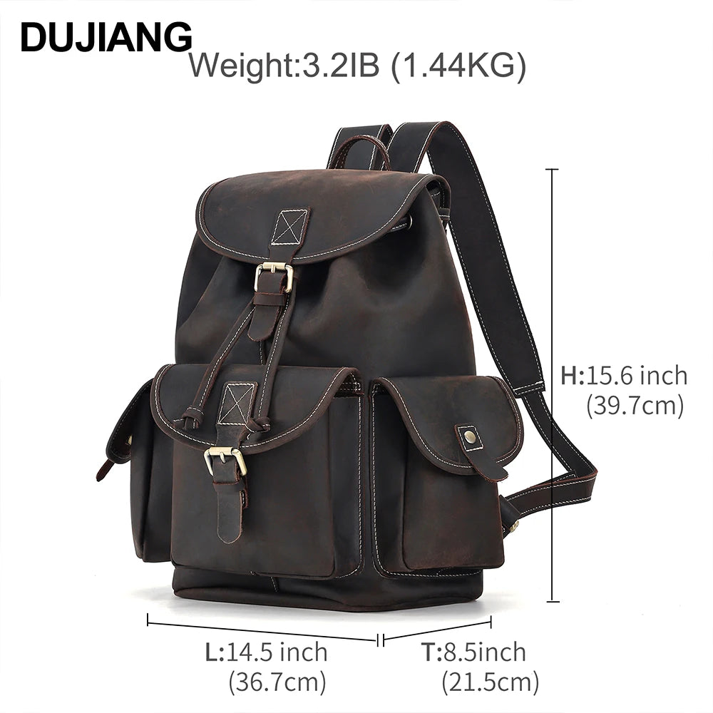 Crazy Horse Leather Large Capacity Men's Backpack Retro Leisure Travel Drawstring Bucket Schoolbag High Sense for Business