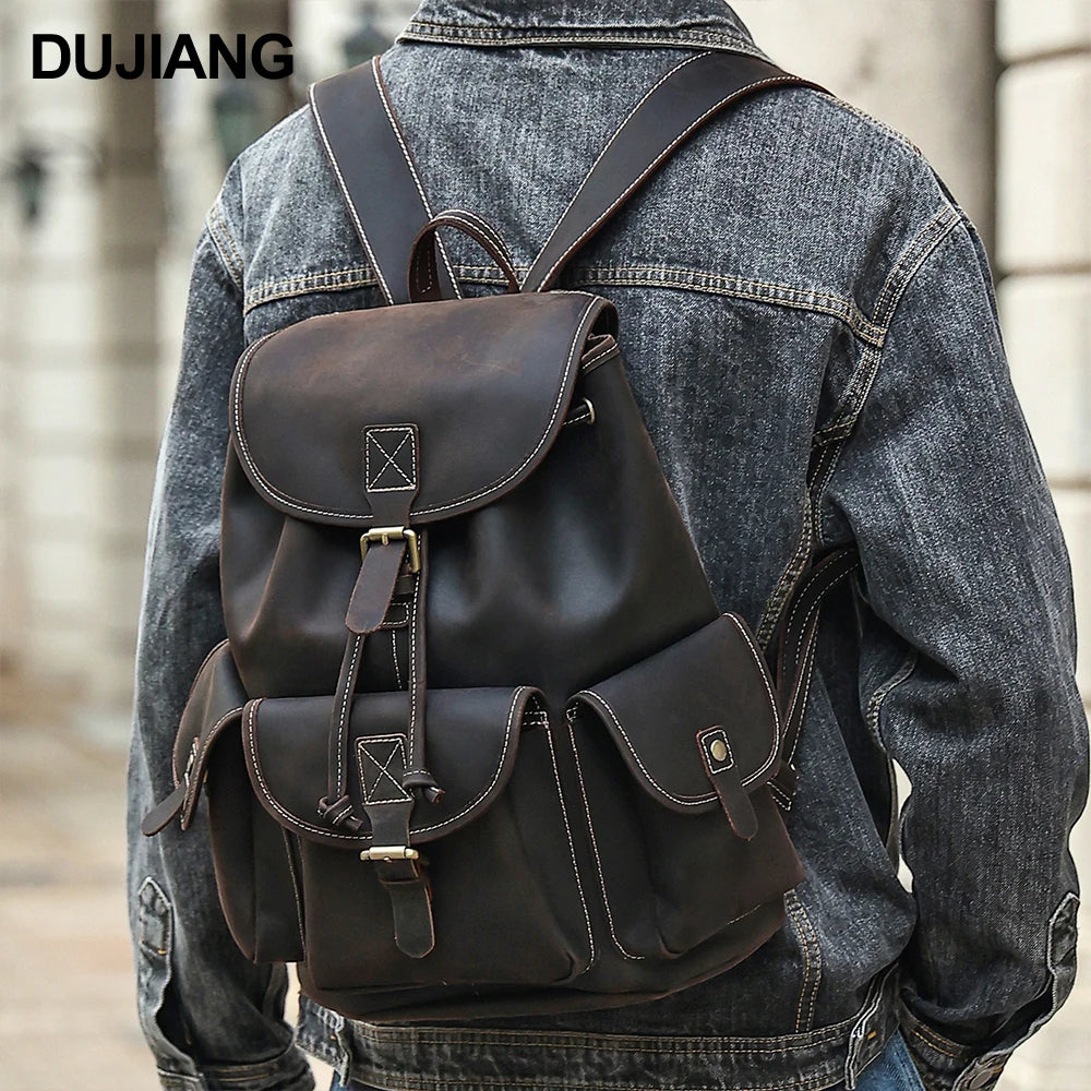 Crazy Horse Leather Large Capacity Men's Backpack Retro Leisure Travel Drawstring Bucket Schoolbag High Sense for Business
