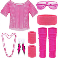 PESENAR 80s Neon Pink Mesh Costume Accessory Set with Leg Warmers, Sunglasses and Earrings