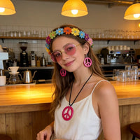 PESENAR  60s Hippie Costume Accessory Set with Flower Headband, Pink Sunglasses and Peace Sign Jewelry