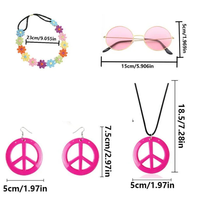 PESENAR  60s Hippie Costume Accessory Set with Flower Headband, Pink Sunglasses and Peace Sign Jewelry