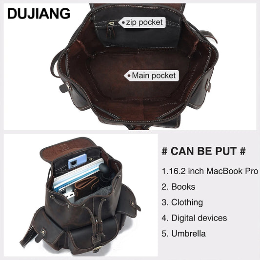 Crazy Horse Leather Large Capacity Men's Backpack Retro Leisure Travel Drawstring Bucket Schoolbag High Sense for Business