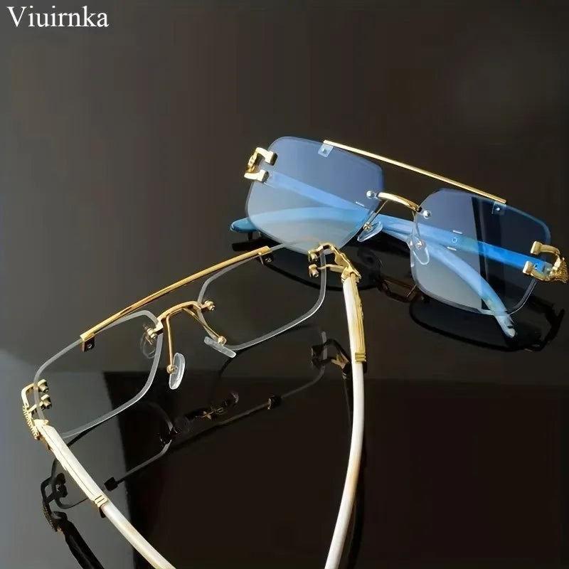 New -Bridge Rimless Square Sunglasses, Featuring Trendy Leopard Print and Wood Grain Design for Men and Women, Perfect for