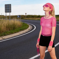 PESENAR 80s Neon Pink Mesh Costume Accessory Set with Leg Warmers, Sunglasses and Earrings