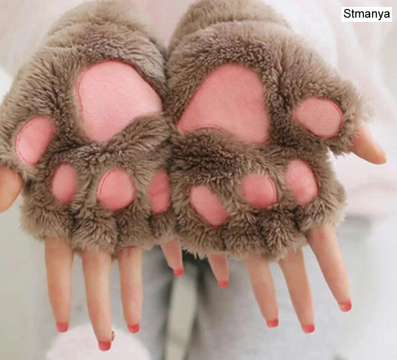 New Women Cute Cat Claw Paw Plush Mittens Warm Soft Plush Short Fingerless Fluffy Bear Cat Gloves Costume Half Finger Party Gift - MANDOTOS