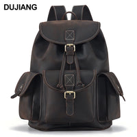 Crazy Horse Leather Large Capacity Men's Backpack Retro Leisure Travel Drawstring Bucket Schoolbag High Sense for Business