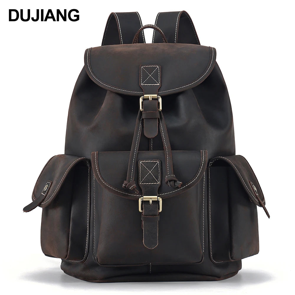 Crazy Horse Leather Large Capacity Men's Backpack Retro Leisure Travel Drawstring Bucket Schoolbag High Sense for Business