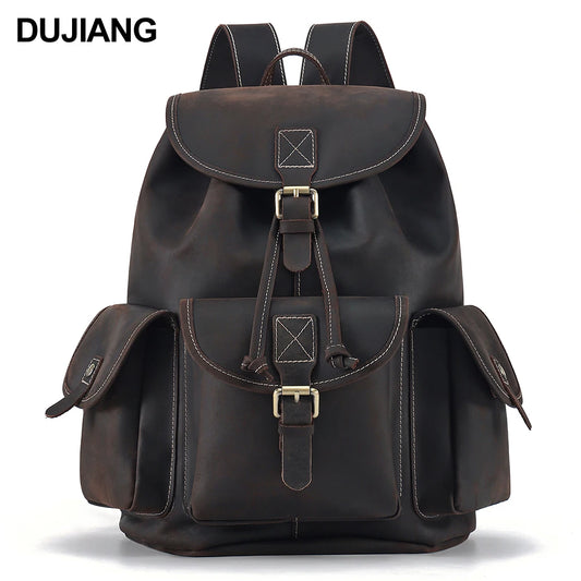 Crazy Horse Leather Large Capacity Men's Backpack Retro Leisure Travel Drawstring Bucket Schoolbag High Sense for Business