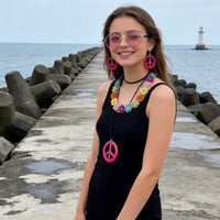 PESENAR  60s Hippie Costume Accessory Set with Flower Headband, Pink Sunglasses and Peace Sign Jewelry