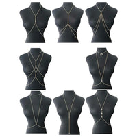 8Pcs Sexy Body Chain Belly Waist Chain Necklace Summer Beach Bikini Bra Body Jewelry for Women Gold Tone