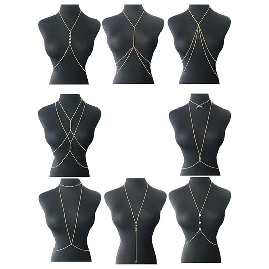 8Pcs Sexy Body Chain Belly Waist Chain Necklace Summer Beach Bikini Bra Body Jewelry for Women Gold Tone